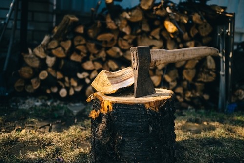 Axe lodged in stump with a large timber pile behind it