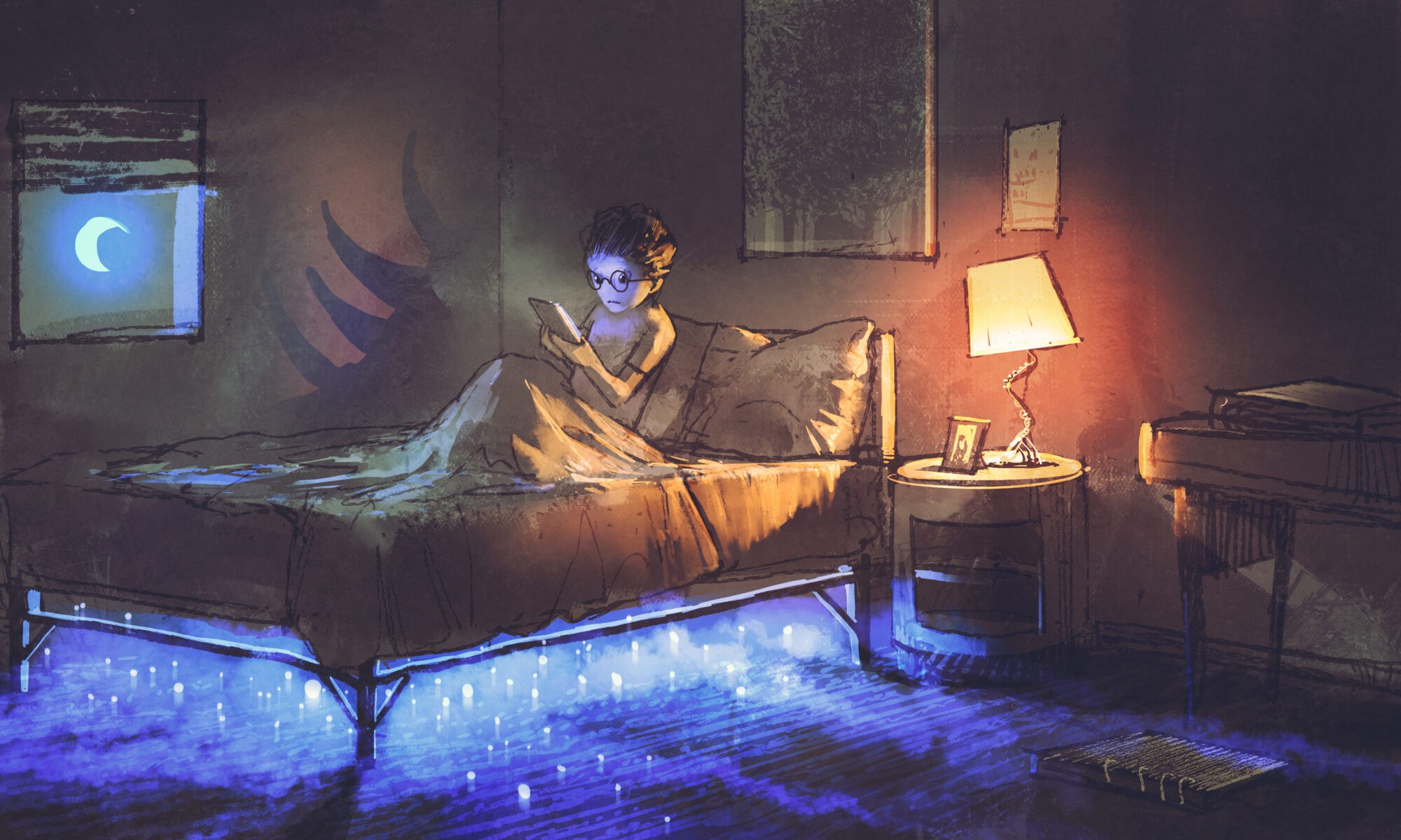 Boy Reading Tablet In Bed with Monster Underneath