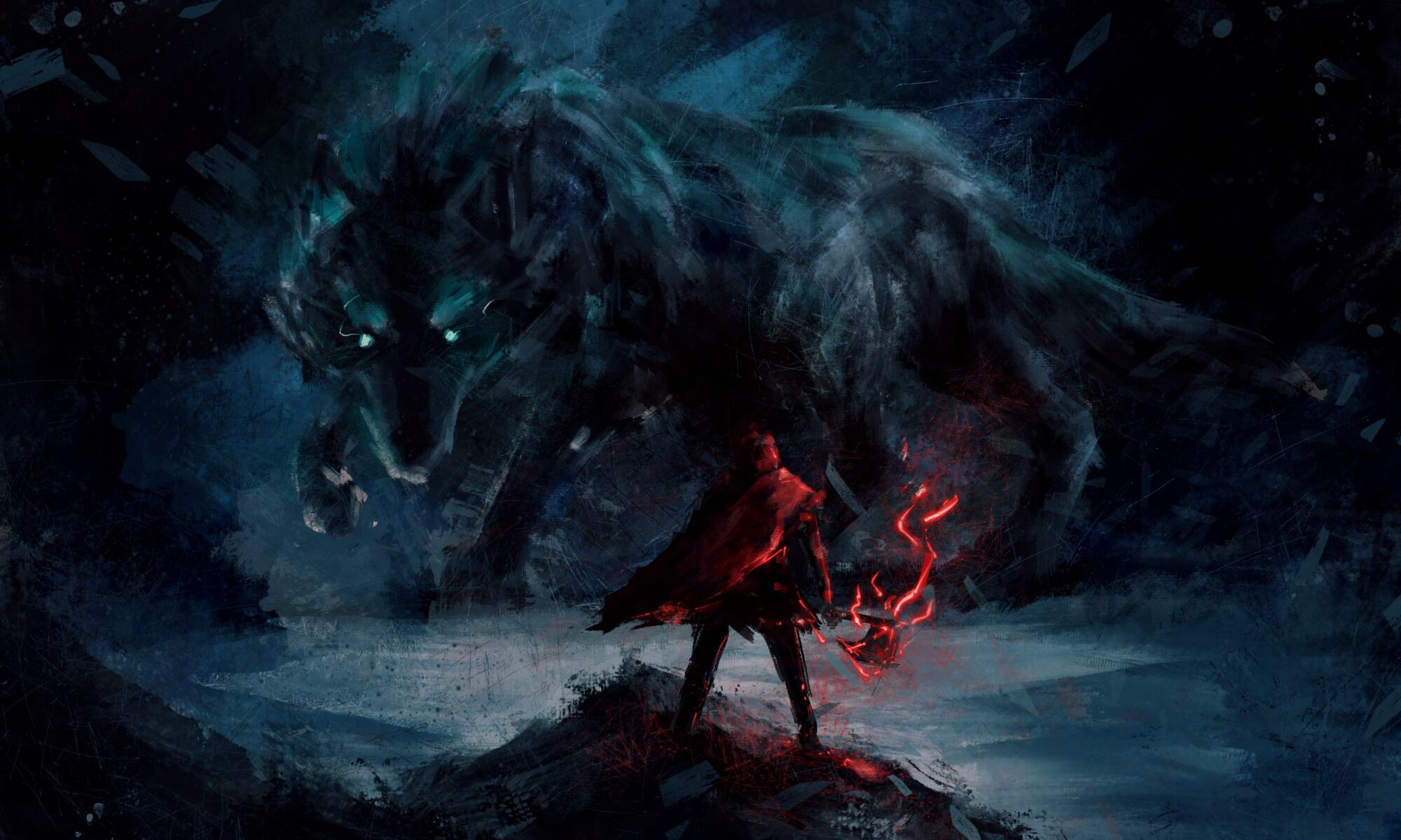 Warrior standing in front of large wolf monster