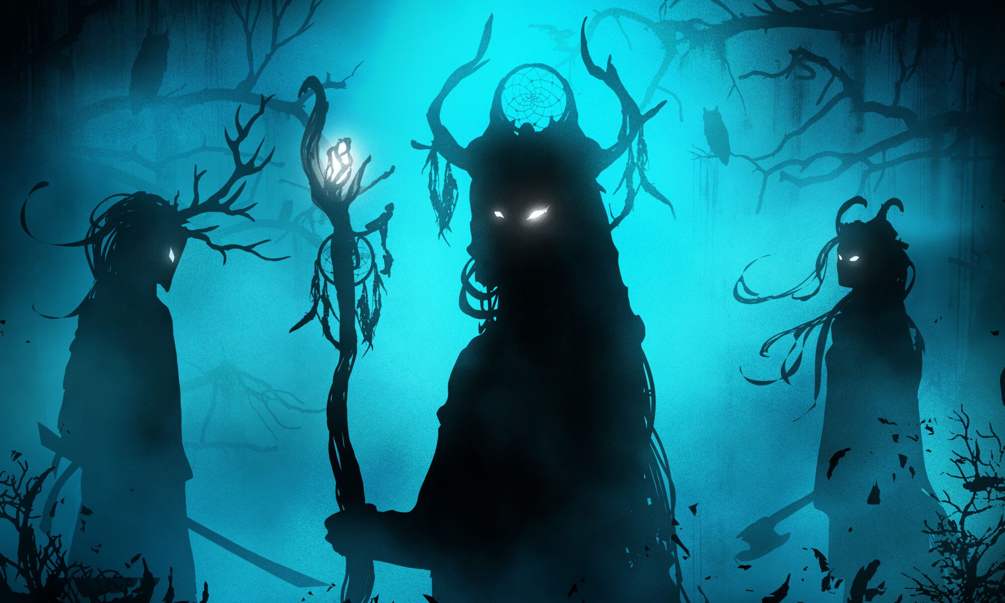 Dark silhouette of three shamans